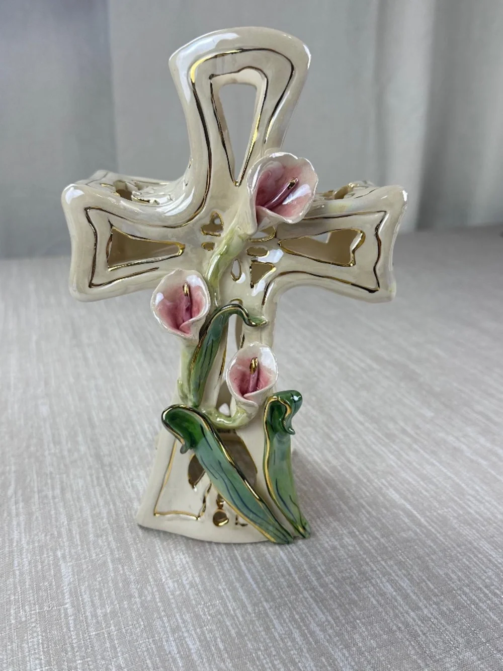 Blue Sky Heather Goldminc Calla Lily Cross Tealight Holder 2002 Ceramic Easter